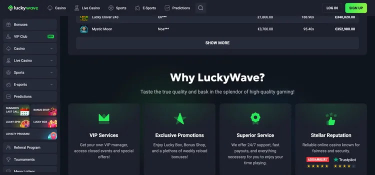 LuckyWave casino page explaining VIP services, promotions and reputation